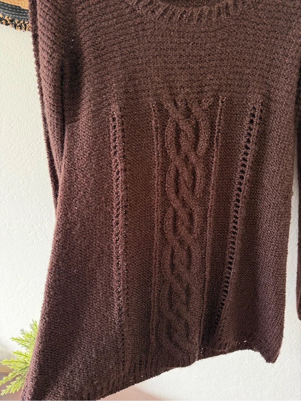 Raisey Brown Wool Blend Cable Knit Babydoll Sweater Shimmer Size Large Y2K Fall